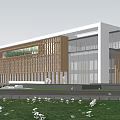 Modern Architectural Building With Wooden Grille Glass Windows And Front Lawn