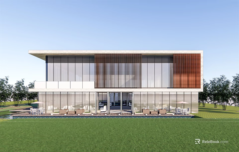 Modern Sales Office Building With Glass Facade Wooden Accents Green Lawn And Outdoor Seating 3d model 
