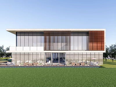 Modern Sales Office Building With Glass Facade Wooden Accents Green Lawn And Outdoor Seating 3d model