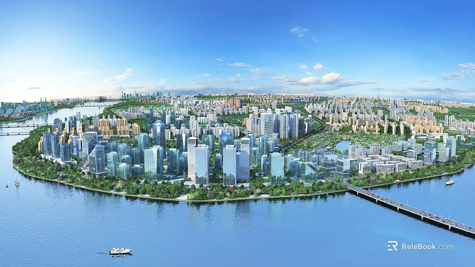 Aerial Urban Planning Featuring High Rise Buildings Waterfront Green Spaces And Bridge 3d model 