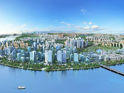 Aerial Urban Planning Featuring High Rise Buildings Waterfront Green Spaces And Bridge 3d model