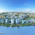 Aerial Urban Planning Featuring High Rise Buildings Waterfront Green Spaces And Bridge