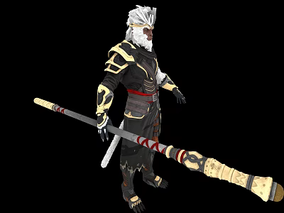 Game Movie Character With White Hair Masked Golden Black Armor Red Sash And Decorated Staff 3d model