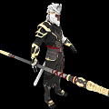 Game Movie Character With White Hair Masked Golden Black Armor Red Sash And Decorated Staff