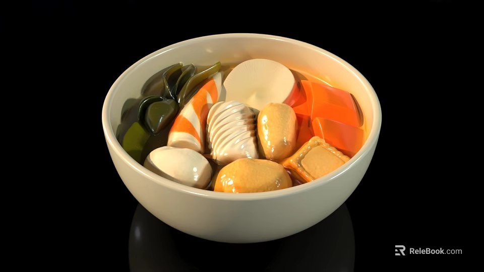 Assorted Delicious Food Bowl With Green Seaweed Fish Balls Tofu And Eggs 3d model 
