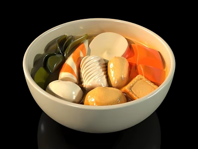 Assorted Delicious Food Bowl With Green Seaweed Fish Balls Tofu And Eggs 3d model