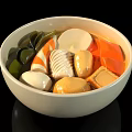 Assorted Delicious Food Bowl With Green Seaweed Fish Balls Tofu And Eggs