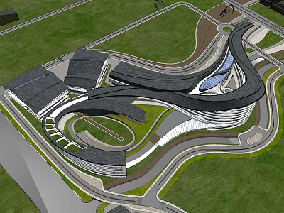 Modern Architectural Complex Featuring Curved Roof Structures And Green Surrounding Areas 3d model