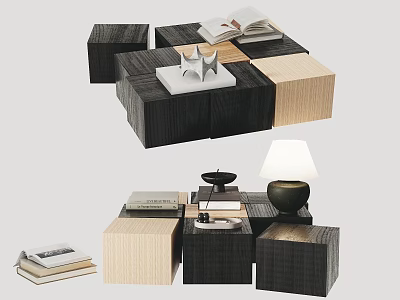 Modern Cube Shaped Modular Coffee Table With Black And Beige Wooden Design And Decorative Books 3d model