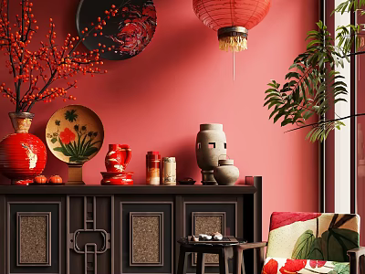 Chinese Style Art Installation With Red Lantern Ceramic Vases Decorative Plates And Green Plants 3d model