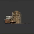 Traditional Agricultural Storage Equipment With Stacked Hay Bales Wooden Crate And Sacks
