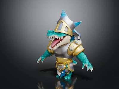 Cute Blue Aquatic Crocodile Character Wearing Silver And Gold Armor With Sharp Teeth 3d model