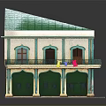 Two Story Building Model Featuring Green Roof White Walls Arched Windows Balcony And Green Doors