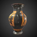 Ancient Greek Amphora With Black And Orange Figural Motifs And Twin Handles