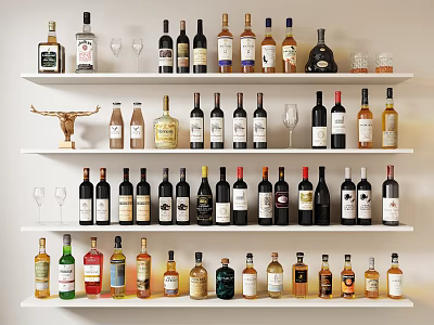 Stylish Display of Wine Bottles and Wine Glasses on White Multi Layer Shelves with Decor 3d model