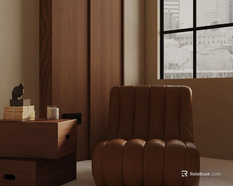 Brown Leather Accent Chair Near Window with Wooden Cabinet Small Decor Cup and City View 3d model 