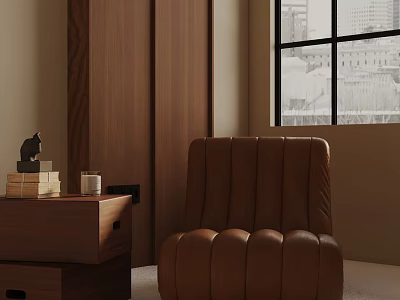 Brown Leather Accent Chair Near Window with Wooden Cabinet Small Decor Cup and City View 3d model