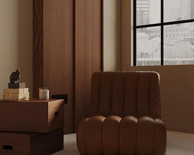 Brown Leather Accent Chair Near Window with Wooden Cabinet Small Decor Cup and City View 3d model