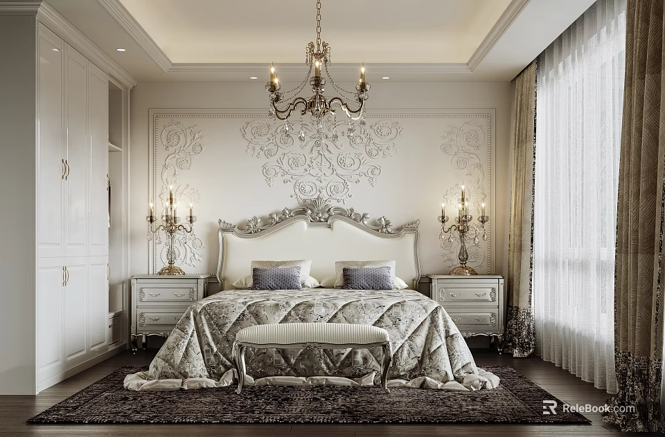 Elegant Bedroom Interior With Carved White Walls Chandelier Upholstered Headboard And Bench 3d model 