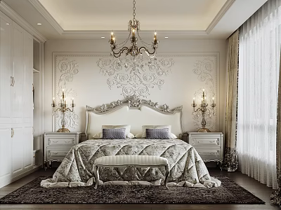 Elegant Bedroom Interior With Carved White Walls Chandelier Upholstered Headboard And Bench 3d model