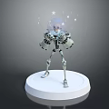 Robot Character With Blue Glowing Head Floating Stars And Musical Notes On White Circular Base