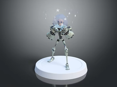 Robot Character With Blue Glowing Head Floating Stars And Musical Notes On White Circular Base 3d model
