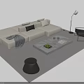 Modern Beige Sofa And Coffee Table Set With Pillows Blanket Green Plant Floor Lamp