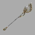 Ornate Magical Staff Featuring Golden Spiral Design Silver Shaft And Blue Gemstone