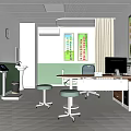 Medical Office Room With White Green Walls Posters Red Text Wooden Cabinet And Computer Desk