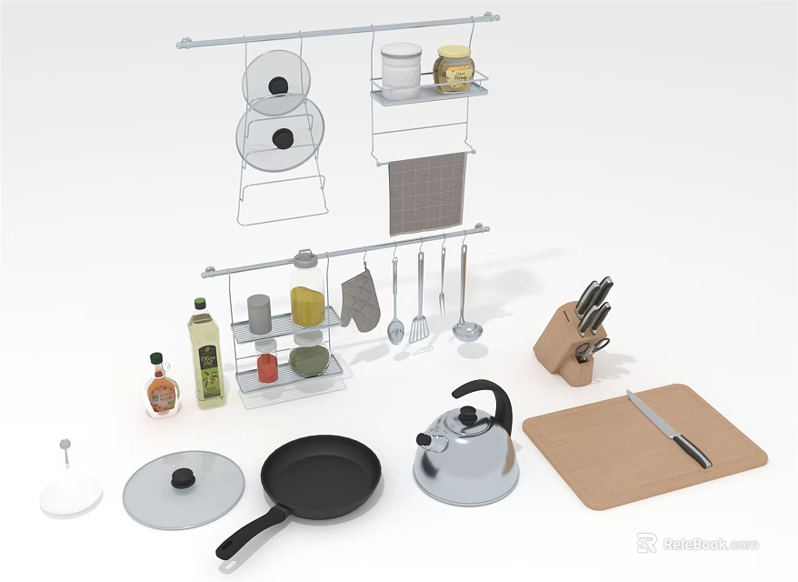 Essential Kitchen Supplies With Hanging Rack Spatulas Knives Kettle And Cutting Board 3d model 