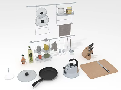 Essential Kitchen Supplies With Hanging Rack Spatulas Knives Kettle And Cutting Board 3d model