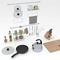 Essential Kitchen Supplies With Hanging Rack Spatulas Knives Kettle And Cutting Board