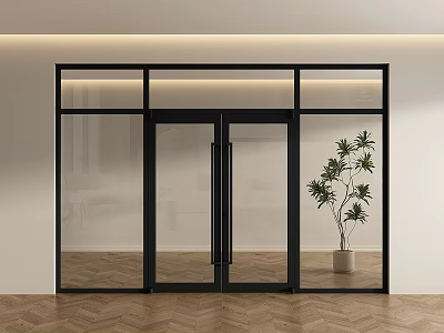 Stylish Double Glass Doors With Black Frame And Potted Plant In Modern Interior 3d model