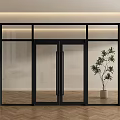Stylish Double Glass Doors With Black Frame And Potted Plant In Modern Interior