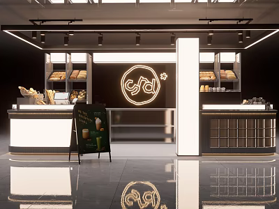 Modern Mall Bakery Shop With Neon Sign Display Shelves Counter And Menu Board 3d model