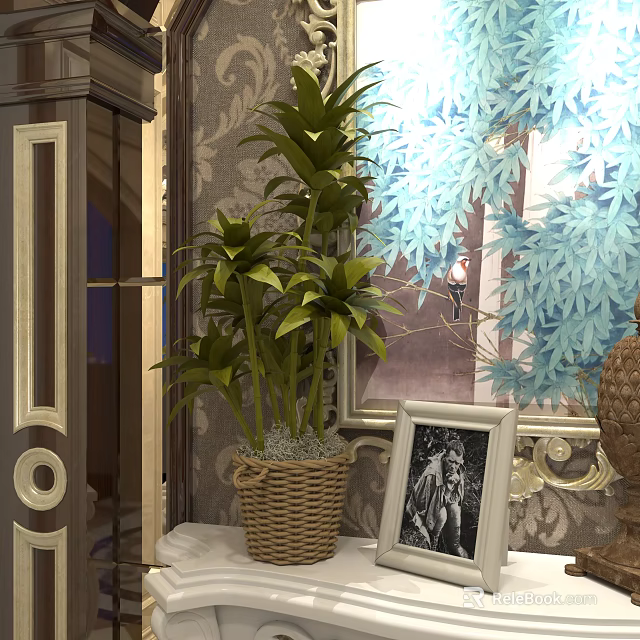 Potted Bonsai Plant in Wicker Basket with Elegant Decorative Setting Patterned Background Wall and Frame 3d model 