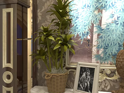 Potted Bonsai Plant in Wicker Basket with Elegant Decorative Setting Patterned Background Wall and Frame 3d model