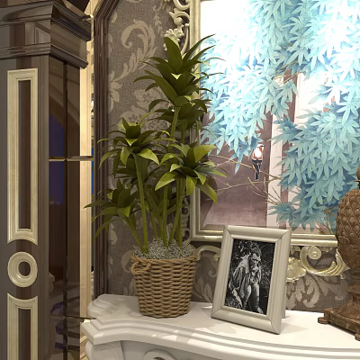 Potted Bonsai Plant in Wicker Basket with Elegant Decorative Setting Patterned Background Wall and Frame 3d model