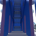 Blue Cartoon Playground Equipment With Spiral Net Slides Mouth Shaped Design And White Teeth