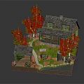 Cartoon Scene With Small Wooden House Green Trees Stone Pathway And Little Pond