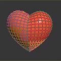 Red Heart Shaped Object with Yellow Grid Mesh Surface on Dark Background and Bottom Reflection 3d model