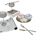 Decorative Ornament Combination with Donuts on Plate Magazines Wine Glasses and Forks