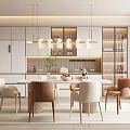 Modern Restaurant Interior With Dining Table Mixed Chairs Pendant Lights And Wine Cabinets 3d model