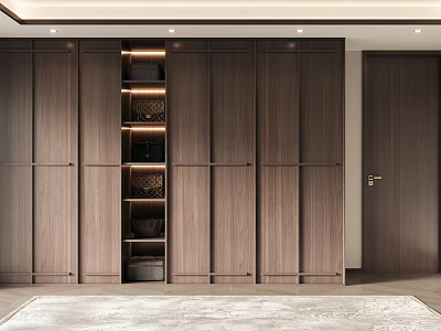 Modern Walnut Wardrobe Design With Panel Doors And Open Shelves 3d model