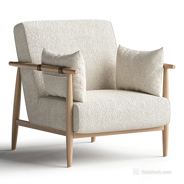 Single Seater Sofa With Light Colored Fabric Upholstery Wooden Armrests And Two Cushions 3d model 