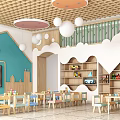 Cheerful Kindergarten Interior With Blue Wall Cloud Decor Hanging Balls Wooden Tables And Toys