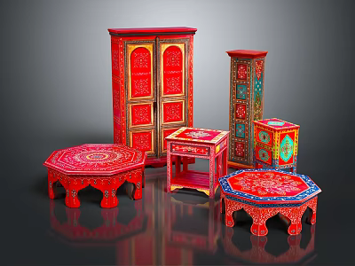 Traditional Red Entryway Cabinet And Side Cabinet With Intricate Floral Patterns And Matching Tables 3d model