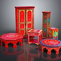 Traditional Red Entryway Cabinet And Side Cabinet With Intricate Floral Patterns And Matching Tables