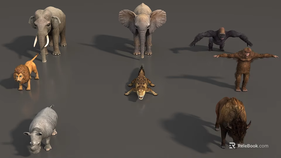 Reptile Crocodile Surrounded By Various Wild Animals Such As Elephants Gorillas 3d model 