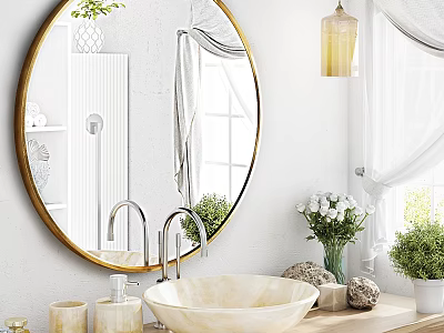 Round Gold Frame Bathroom Mirror With Marble Basin Green Plants White Flowers And Natural Light 3d model